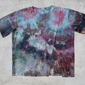 Ice Dyed Short-sleeve T-shirt - Split Hem Top Orchid Teal Gray (Women's XLarge)